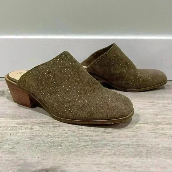 Sole Society Olive Brown Leather Suede Studded Slip On Heels Mules Size 8.5 - Picture 10 of 10